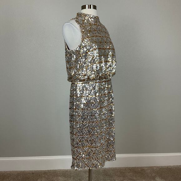 Eliza J Sequined Sleeveless Halter Sheath Cocktail Dress Gold and Silver Size 10 - Picture 2 of 12